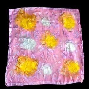 Vintage Sheer Pink Floral Silk Scarf Yellow Roses  Hand Rolled Edges Textured